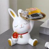 2023 Lucky Forturne Rabbit Resin Rabbit Tray Figurines for Porch Interior Tabletop Entrance Key Candy Storage Container House Decoration Items Jennyshome
