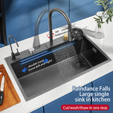 New Black Nanometer 304 Stainless Steel Waterfall Kitchen Sink 3mm Thickness Large Single Slot Above Mount Waterfall Faucet Jennyshome